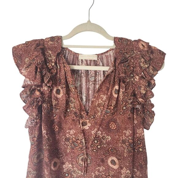 Ulla Johnson Elisa Double Ruffled Brown Red Short Sleeve Top Size 2 Cotton - Picture 6 of 8